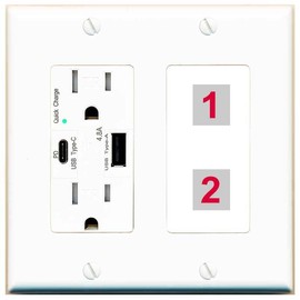 RiteAV Custom 2 Port Wall Plate, USB A+C Charger, White/White, Choose HDMI Coax 3.5mm Banana Cat5/6 Phone RCA Speaker Toslink USB