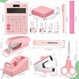 Sabary 12 Pcs Pink Desk Accessory Kit Include Stapler with Staples Tape Dispenser Staple Remover Sticky with Box Paper Clips Pen Kit Scissors Box Cutter Calculator Office Desk Supplies Christmas Gift