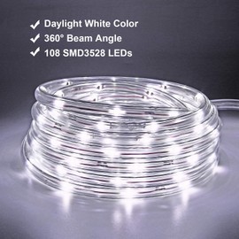 LED Rope Lights, 16ft Daylight White Strip Lights with Clear PVC Jacket, Connectable and Flexible, Waterproof for Indoor Outdoor use, 110V Plugin Tape Lighting with High Brightness 3528 LEDs