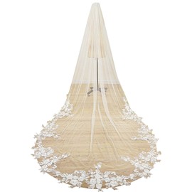 EllieWely - Velo de novia de tul suave de encaje floral con peine de metal, Blanco, Chapel Length:90inch(230cm)