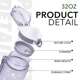 Alwager 32oz Motivational Water Bottles with Time Marker & Fruit Strainer, Single Color Water Bottle with Times to Drink, Leakproof & BPA Free, Reusable Plastic Bottle with Strap (No Straw)