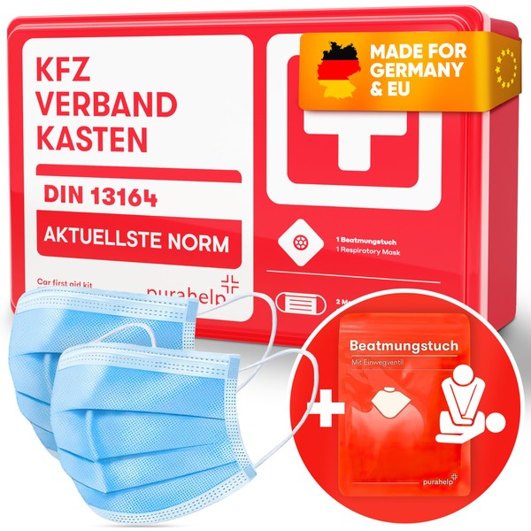 PURAHELP Car First Aid Kit According to Current Standard 2024 DIN 13164 (German Road Traffic Regulations Compliant) – Includes Ventilation Cloth, 2 x Velcro Strips – First Aid Kit Car 2024 for TÜV