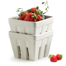 Gomakren Ceramic Berry Basket Set of 2, Square Fruit Bowls with Holes, Rustic Fruit Basket Containers for Kitchen, Berries, Strawberry, Grape, Cherry - Cream White