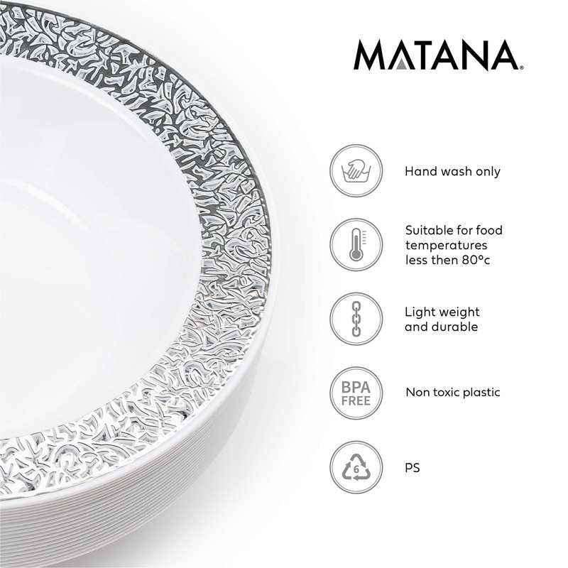 MATANA - 20 Premium Plastic Party Bowls with Silver Lace
