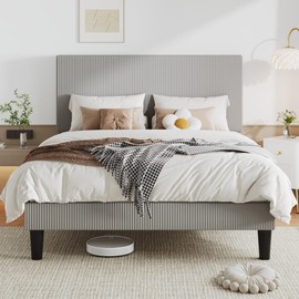 Allewie Queen Size Upholstered Bed Frame with Vertical Channel Tufted Headboard, Soft Corduroy Fabric Platform Bed, Strong Wooden Slats Support, Easy Assembly, No Box Spring Needed, Light Grey