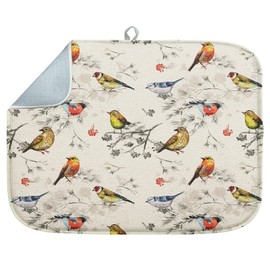 Sanwarm Absorbent Dish Drying Mat, Vintage Birds Watercolor Cute Floral Microfiber Pad for Kitchen Counter, Coffee Bar Decor, Heat Resistant and Reversible, 16" x 18"