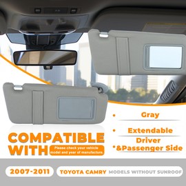 Kojem LH RH Sun Visor W/Mirror Compatible with 2007-2011 Toyota Camry (Models W/O Sunroof) Replacement for 74320-06780-B0 74320-33B81-B0 74310-06750-B0 Gray Driver & Passenger Side