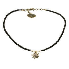 Alpenflüstern DHK181 Filigree Pearl Costume Necklace Rhinestone Edelweiss – Women's Costume Jewellery with Antique Gold-Coloured Edelweiss, Dirndl Necklace in Traditional Colours, Pearl, Pearl