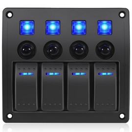 GGTA 4 Gang Marine Switch Panel Waterproof,Boat Rocker Switch Panel Waterproof 12V/24volt Toggle Switch On/Off Blue LED Light with Circuit Breaker 4gang10A for Car RV UTV Truck