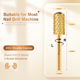 Cnynail Cnynail 3/32" Large Barrel Smooth Round Top Tungsten Carbide Nail Drill Bit Safety Bit for Gel & Acrylic Removal, 2-Way Rotating Efile Tip, Salon Electric File Accessory (2XC Grit, Gold)