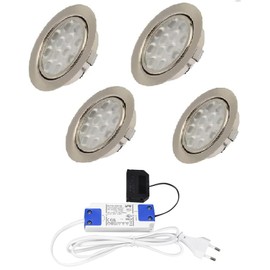 Rolux Set of 4 LED Recessed Spotlights Brushed Stainless Steel 15 mm Flat 3 W Warm White 3200 K 200 lm 12 V Including 15 W LED Transformer 230 V and 1.8 m Cable per Light for Living Room, Kitchen and