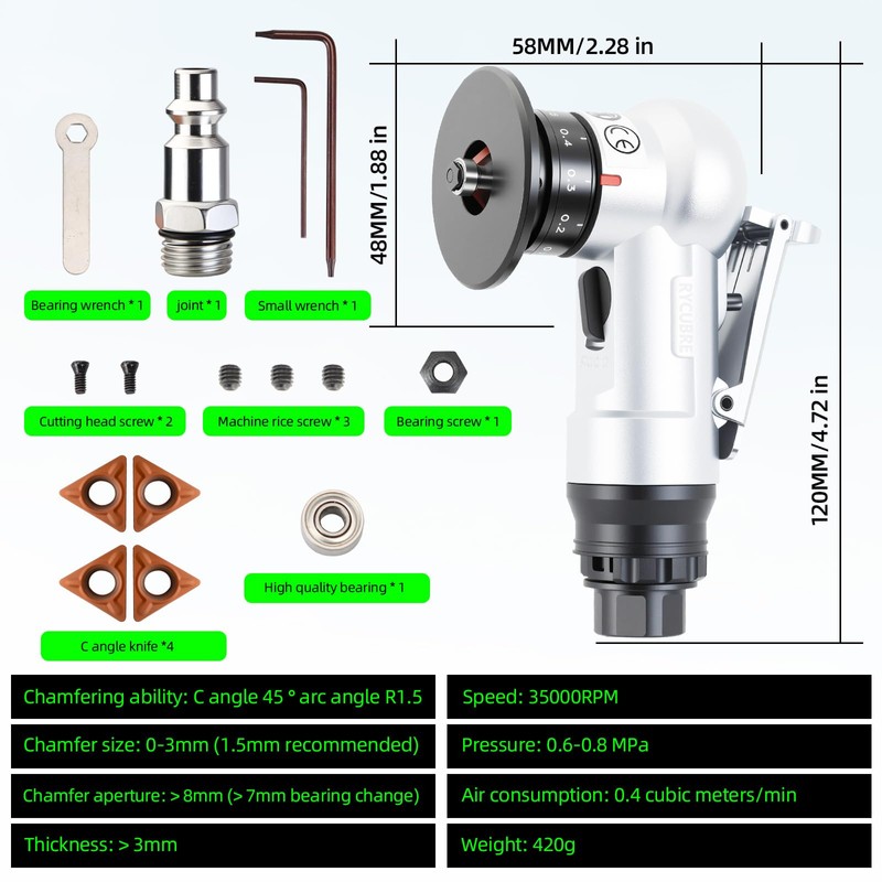 RYCUBRE Pneumatic Chamfering Tool Handheld, Mini Air-Powered Chamfering Machine with
