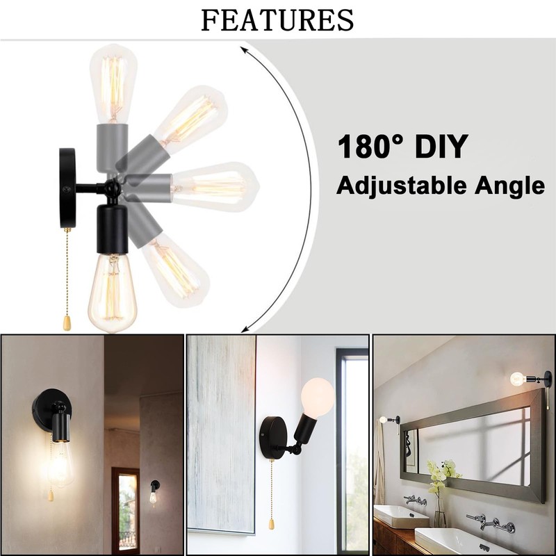 JZCDR 2-Pack Hardwired Pull Chain Wall Sconce, Black Wall Light