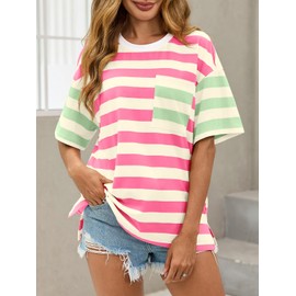Womens Oversized Color Block Striped Tshirts Summer Casual Short Sleeve Tops Loose Fit Crew Neck Shirts Pink Green