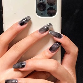 Carufin 24 Pieces Black Chamfer French Snake False Nails Diablo Acrylic Style False Nail Love Heart Artificial Print on Nails for Women Girls (D)