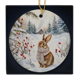 KSDUT Winter Ornament - Winter Snowy Bunny Ceramic Ornament Keepsake, Retro Xmas Forest Wild Animal Rabbit Ceramic Decor for Christmas Tree, Woodland Xmas Holiday Decoration Hanging Ornament
