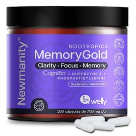 Memory Gold Nootrópico para Memoria, Enfoque y Claridad Mental - 2 meses - con Cognizin, Bacopa Monnieri, Lion's Mane, Treonato de Magnesio, Phosphatidylserine y Huperzina A