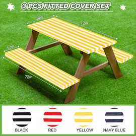 SmoothNovelty Picnic Table Cover with Bench Covers 72 x 30 Inch Waterproof Elastic Fitted Outdoor Stripe Tablecloth for 6 ft Rectangle Tables, School Camping Accessories Park(Yellow and White)