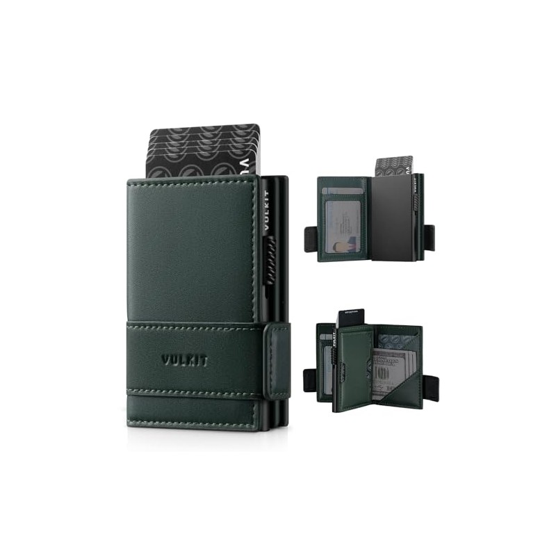 VULKIT - Portatarjetas plegable de piel plegable para hombre con