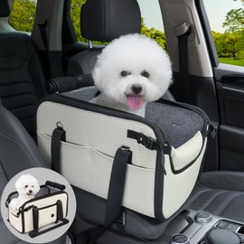 Pet Dog Car Seat for Small Dog Large Center Console Dog Car Seat for Puppy Cat Dog Travel Portable Booster Seat Anti-Slip Dog Car Bed Carseat PU Leather 0-20 lbs(Beige)