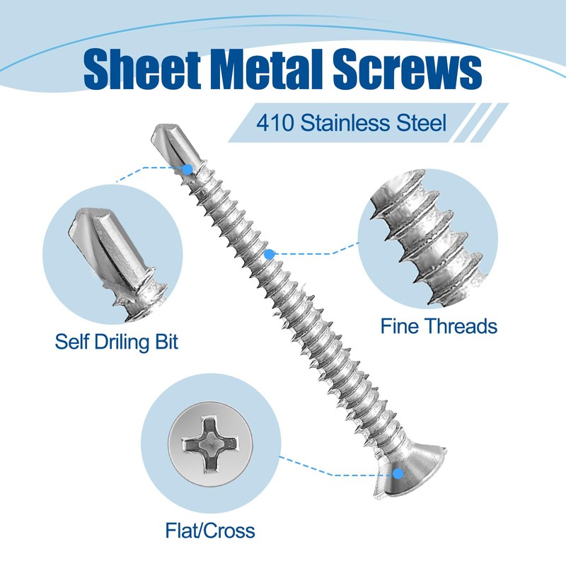 ANCHOREASE #8×2″ Sheet Metal Screws 100Pcs, 410 Stainless Steel Self