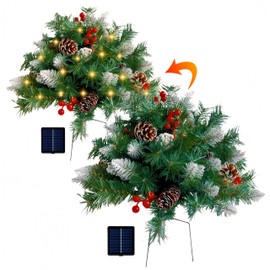 2 Pack Christmas Tree Urn Filler, Outdoor Solar Christmas Tree with Lights, Christmas Lighted Planter Bushes for Porch, Pathway, Yard, Outdoor Holiday Decorations