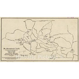 Historical Map, Mt. Monadnock Trails Laid Out and Developed by Scott A. Smith, 1894 to 1907, and as Below 1907-8-9, Vintage Wall Art : 39in x 24in