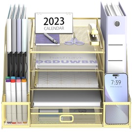 SUPEASY Mesh Desk Organizer with File Holder, 5-Tier Paper Letter Tray Organizer with Magazine Holder, Desktop Organizer and Storage with Drawer for Office Supplies Home or School, Gold