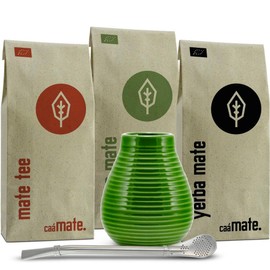 Mate Tea Set Ceramic ● 3 Organic Mates + Mate Cup + Bombilla + Preparation Instructions (Green)