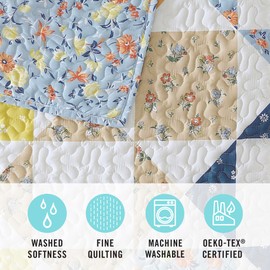 MARTHA STEWART Twin Size Quilt Bedding Set - 2 Piece, Soft Washed Microfiber, Bedspread, Reversible, All Season, 1 Quilt, 1 Standard Pillow Sham, Blue, White & Blue, Kite Ditsy Patchwork Print