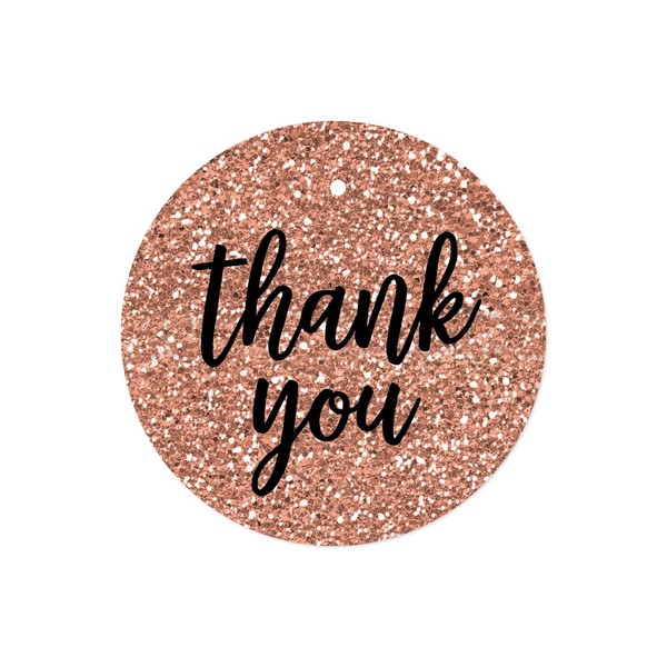 Andaz Press Round Circle Gift Tags, Faux Rose Gold Glitter Script Style Black, Thank You, 24-Pack, Colored Party Favors and Decorations