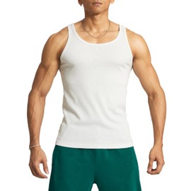 Ouber Men's Ribbed Gym Tank Top Fitness Workout Muscle Sleeveless Bodybuilding Shirt, White L