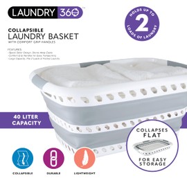 Laundry 360 Collapsible Laundry Basket | Portable | Space Saver Storage | Hold 2 Loads | Store Under the Bed or Closet | Good for Kids | Dorm | Bedroom | Large | White/Grey