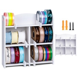 POIUNA Ribbon Organizer Storage, Wooden Wall-Mounted/Desktop Ribbon Storage Organizer Rack For Craft Room Home Ribbon Holder For Ribbon Up To 4.5", Gift Wrapping Organizer Storage