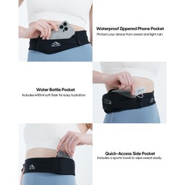 Zelvot Running Belt with 400ml Soft Flask, Adjustable Running Fanny Pack with Phone Holder and Gym Towel, Waterproof Belt Bag for Women Men for Jogging Hiking Marathon (Black, Medium)