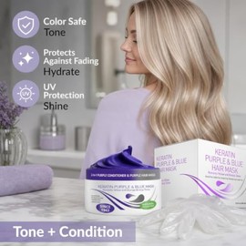 Vitamins Keratin Purple Hair Mask - Tratamiento acondicionador profundo de proteína azul violeta - Tóner para cabello rubio platino plateado gris ceni