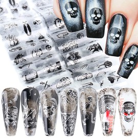 Holographic Nail Foil Transfer Stickers Decals, Punk Skull Nail Polish Sheets, Skeleton Skull Pirate Nail Art Designs Acrylic Nails Supplies for Nail Transfer Glue Polish, Women Nail Film Decorations