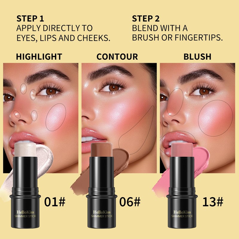 3Pcs Cream Contour Stick Makeup Kit, Shades with Highlighter, Blush