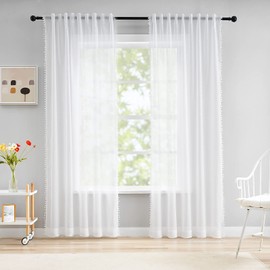 Pom Pom White Sheer Curtains for Girls Room Light Filtering Airy Kids Bedroom Window Curtain Set Pencil Pleat Tape Top Linen Texture Voile Curtains for Small Kitchen Windows 52" by 54" 2 Panels