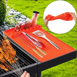 MOBGOSSA Griddle Tools Mat for Blackstone, Heat Resistant Spatula Mat with Drip Pad, BBQ Grill Tool Mat, Silicone Grill Pad, Blackstone Griddle Accessories for Kitchen, Cooking & Countertop (Orange）