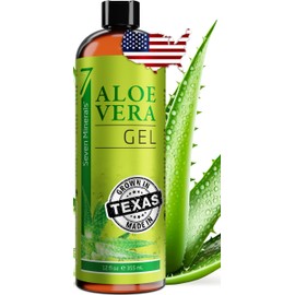 Seven Minerals Organic Aloe Vera Gel from freshly cut 100% Pure Aloe - Big 12oz - HighestQuality, Texas grown, Vegan, Unscented - For Face, Skin, Hair, Sunburn relief