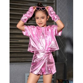 Perfashion Girls Metallic Skorts Shiny Sparkly Alien Costume Holographic Outfits Pink Metal Shorts 10-11 with Sunglasses