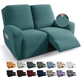 JIVINER 6-Piece Loveseat Recliner Slipcover Stretch Jacquard Recliner Sofa Cover 2 Seater Washable Reclining Couch Cover with Pocket Fitted Furniture Protector Cover (Loveseat Recliner, Peacock Blue)