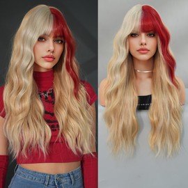 PARK YUN 27 Inch Light Blonde Body Wave Wig With Split Platinum Red Bangs for Women Fashion Natural Looking Highlight Colored Wigs Synthetic Heat Resistant Fiber for Daily Party Use