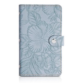 lizimandu Business Card Holder Book, Business Card Book Case PU Leather Organization Binder Name ID Card Holder for Men & Women, Up to 96 Cards Capacity(1-Carved Light Blue)