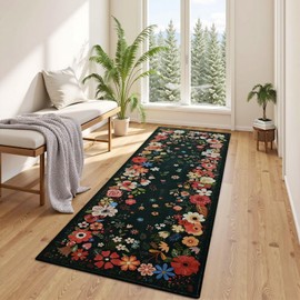 Vasofe 2x6 Runner Rug for Bedroom, Black Washable Rugs for Kitchen, Hallway,Vintage Floral Indoor Floor Mat for Bathroom, Living Room, Laundry Room,Non Slip Low Pile Soft Mats Home Decor Modern Carpet