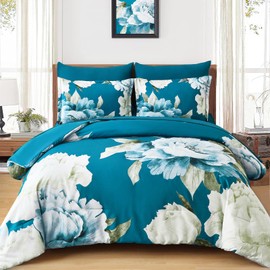 Dobuyly Teal Comforter Set King 7 Piece Bed in a Bag, Teal Blue Floral Printed Comforter Set with Sheets, Soft Microfiber Botanical Complete Bedding Set for All Season