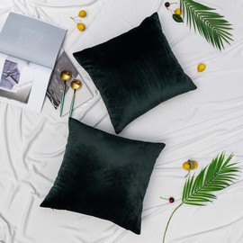 Dark Green Velvet Throw Pillow Covers Soft Solid Square Decorative Pillowcase Set Cushion Case for Sofa Bedroom Chair Bench 2 Pcs 16 x 16 inch