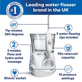 Waterpik Waterpik Ultra Professional Water Flosser, 7 Tips, Advanced Pressure Control System, 10 Settings, Dental Plaque Removal Tool, White, WP-660UK, 2pin UK Bathroom Plug, Packaging may vary