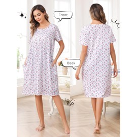 Vlazom Women's Nighties Button Front Long Nightdress Pleated Lace Nightgowns Luxury Soft Touch Nightgshirt with Pockets,Red Flower,M